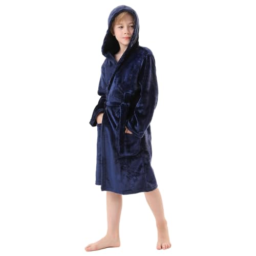 V.&GRIN Boys Fleece Robe, Hooded Soft Fuzzy Bathrobe for Kids 5-14 Years - color: Navy, size: 7-8 Years