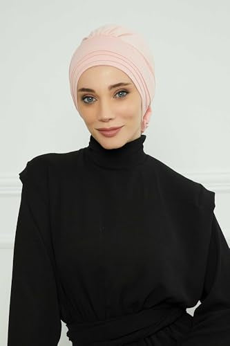 Aisha's Design Instant Turban Head Wraps for Women, Combed Cotton Scarf Lightweight Pre tied Hijab with Back Rose Detail - color: Powder