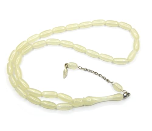 Perlin Muslim Prayer Beads 33 Bead Glow in the Dark Tasbih – Islamic Misbaha Subha Dhikr Beads with 15 x 6 mm Oval Luminous White Beads, Ottoman Style Prayer Rosary for Meditation and Worship, 38 cm