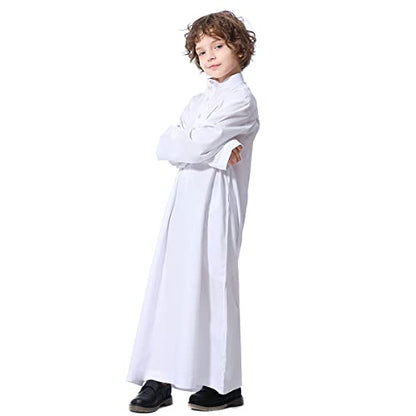 Boy's Muslim Arab Islamic Kaftan Embroidered Robe Solid Color Thobe Islamic Arabic Abaya Ethnic Dress With Pockets - color: White Button, size: 7-8 Years