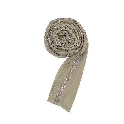 RARITYUS Sparkly Rhinestone Hijab Scarf for Women Silky Chiffon Instant Muslim Islamic Hijab Head Wrap Long Shawls - color: Khaki
