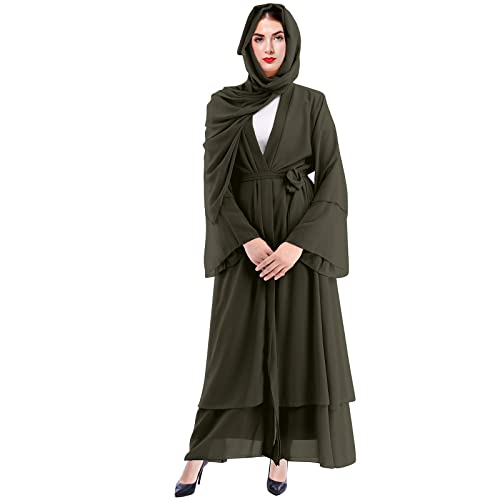 Muslim Abaya Dress for Women - Long Sleeve Islamic Dubai Abaya Cardigan Robe - Middle East Prayer Dress with Hijab - color: Army Green, size: Small