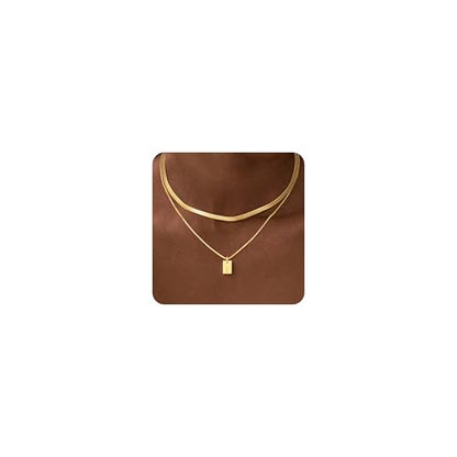 14K Gold Plated Layered Initial Necklace for Women with Herringbone Chain | Herringbone Choker & Letter Pendant, Waterproof Non-Tarnish Adjustable Snake Chain, 2Pcs Minimalist Stacking Jewelry Gift - color: I