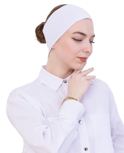 Prien Women Cotton Hijab Cap, Stretchy Head Cover, Pre-Sewn Inner Muslim Scarf Undercap, Non Slip Headband for Daily Wear - color: White