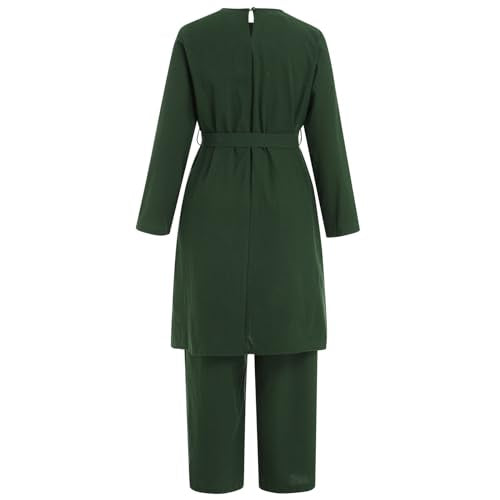 IDOPIP Women's Muslim Abaya Dress 2 Pieces Set Long Sleeve Button Down Shirt and Pants Casual Arabic Islamic Dubai Outfits - color: Green + Belt, size: Large