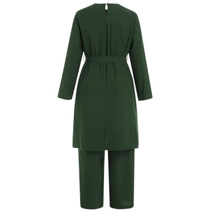 IDOPIP Women's Muslim Abaya Dress 2 Pieces Set Long Sleeve Button Down Shirt and Pants Casual Arabic Islamic Dubai Outfits - color: Green + Belt, size: Large