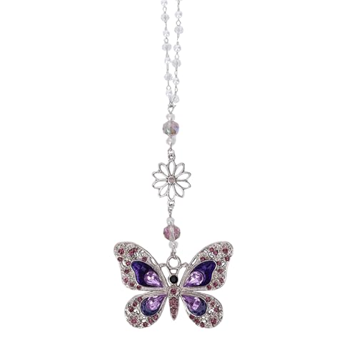 Car Mirror Hanging Accessories - Purple Butterfly Crystal Rhinestone Pendant for Rear View Mirror, Cute Car Interior Accessory for Women, Gift for Driver Mom Friends - color: purple