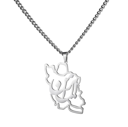Iran Map Necklace Iranian Flag Persian Calligraphy Pendant Patriotic Heritage Pride Peace Jewelry Souvenir Series Gifts for Women Men - color: “ایران” - Iran silver