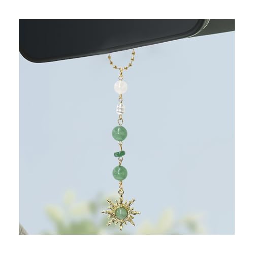 Sun Hanging Car Charm, Rear View Mirror Cute Boho Dangling Sun Car Decor Hanging Ornament, Handmade Healing Natural Crystals Stones Sun Catcher Mirror Pendant for Women Men (Light Green) - color: Light Green