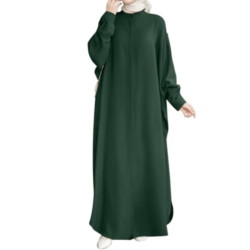 AWIBMK Women Abayas Dubai Kaftan Henley Shirt Prayer Maxi Dress Muslim Batwing Sleeve Ramadan Islamic Clothes - color: Dark Green