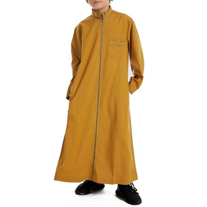 Muslim Abaya Islamic Thobe for Boys Long Sleeve Solid Festive Clothes Teen Kids Cozy Ramadan Prayer Thobe with Pocket - color: Yellow, size: 3-4T