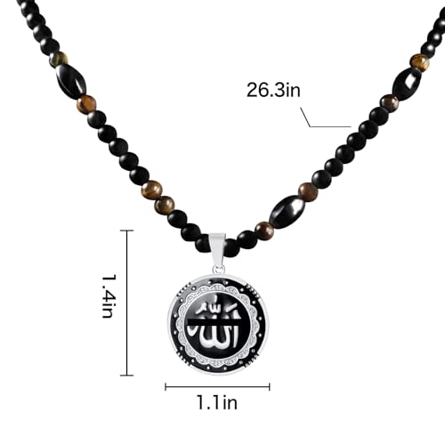Ankh Cross Pendant Ancient Egyptian Hieroglyphic Symbol of Health and Eternal Life Men Cross Necklace with Tiger Eye Stone Obsidian Hematite Triple Protection Crystal Beads Chain - color: Allah Pendant-Silver