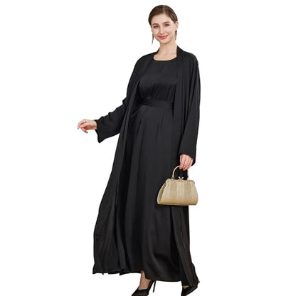 Islamic Abaya Dress for Women Muslim Maxi Abayas 2pcs Silky Fashion Dress Set Daily Kaftan Jilbab Outfit Women Eid Robe - color: Blacka, size: Medium