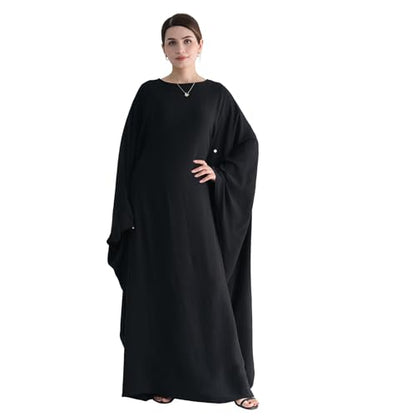 Abaya 무슬림 여성용 드레스 배트윙 슬리브 루즈핏 맥시 겸손한 이슬람 의류 히잡 스카프 포함 기도 드레스 - color: 블랙.