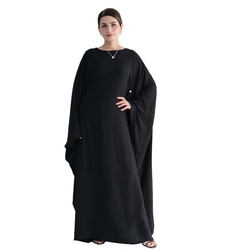Abaya Muslim Women Dress Batwing Sleeve Loose Maxi Modest Islamic Clothes Prayer Dress with Hijab Scarf - color: Black