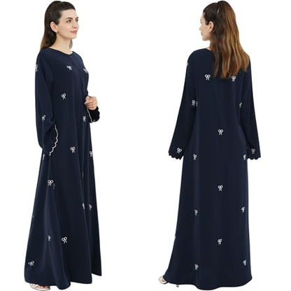 Abaya Dress for Muslim Women Bow Front Zipper Side Pockets Ramadan Eid Robe - color: Navy, size: Large