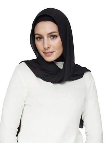 Lina & Lily Flowy Chiffon Instant Hijab Scarf Attached Jersey Ninja Undercap Full Coverage for Muslim Women - color: Black