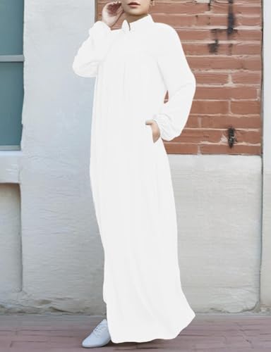 Womens Abaya Muslim Long Sleeve Front Zipper Dress Prayer Islamic Clothes with Pockets - color: White, size: Medium