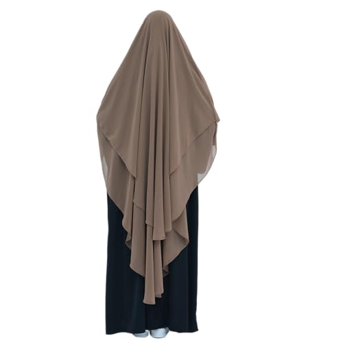 SYANKANGXIAO Ramadan Eid Khimar Abaya Turkey Islam Muslim Chiffon 2 Layers Long Hijab Dress Prayer for Women Full Cover Robe - color: Khaki