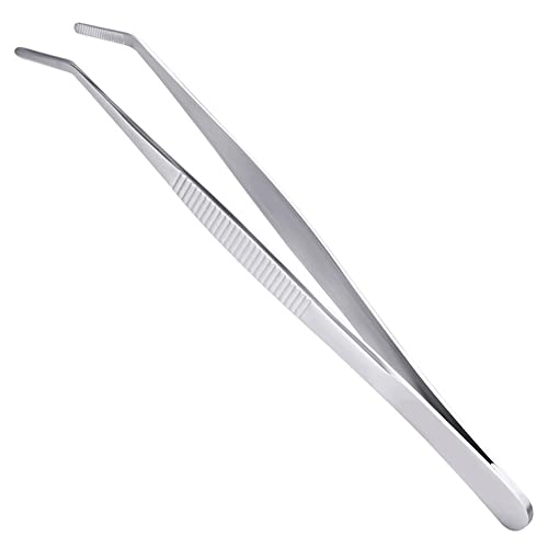 10 Inch Bent Tip Long Forceps Tweezers, Serrated Flat Tips Precision Curved Surgical Tongs Jewelers Needle Metal Sewing Sharp Kitchen Cooking Tweezers With Teeth Knurled Handles (1PCS-250mm) - color: Bent -1pcs-10inch