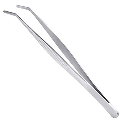 10 Inch Bent Tip Long Forceps Tweezers, Serrated Flat Tips Precision Curved Surgical Tongs Jewelers Needle Metal Sewing Sharp Kitchen Cooking Tweezers With Teeth Knurled Handles (1PCS-250mm) - color: Bent -1pcs-10inch