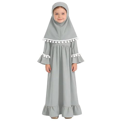 Muslim Prayer Dress 2 Piece Set Baby Toddler Long Sleeve Abaya with Hijab Islamic Scarf Kaftan Robe Ramadan Outfit - color: Grey, size: 6-7 Years