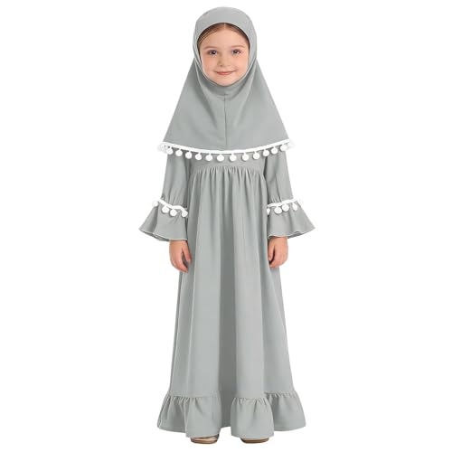 Muslim Prayer Dress 2 Piece Set Baby Toddler Long Sleeve Abaya with Hijab Islamic Scarf Kaftan Robe Ramadan Outfit - color: Grey, size: 4-5 Years