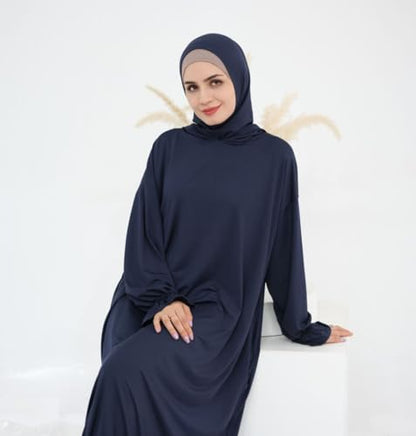 Muslim Dress for Women Pakistani Kaftan Abaya Robe Arabic Islamic Prayer Clothes Dubai Outfits - color: Dark Blue