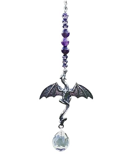 Dragon Suncatcher for Car Rear View Mirror - Amethyst Crystal Prism Hanging Ornament - Handmade Feng Shui Rainbow Maker Car Charm Decoration