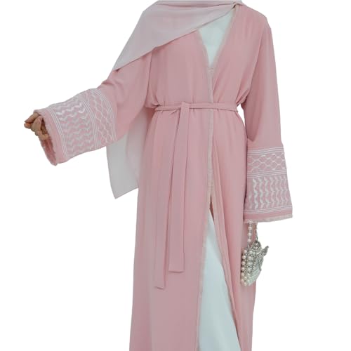 Muslim Dresses for Women Ramadan Kimono Long Sleeve Embroidered Islamic Cardigan Prayer Dress Abaya Kaftan with Belt - color: Pink, size: Small
