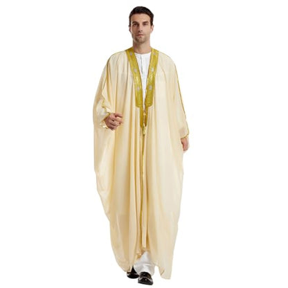 FYMNSI Men's Robe Muslim Clothes Kimono Loose Abaya Dresses Long Sleeve Embroidered Chiffon Kaftan Casual Formal Dubai Thobe - color: Beige, size: Medium