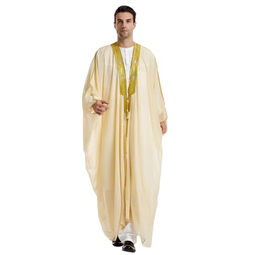 FYMNSI Men's Robe Muslim Clothes Kimono Loose Abaya Dresses Long Sleeve Embroidered Chiffon Kaftan Casual Formal Dubai Thobe - color: Beige, size: Medium