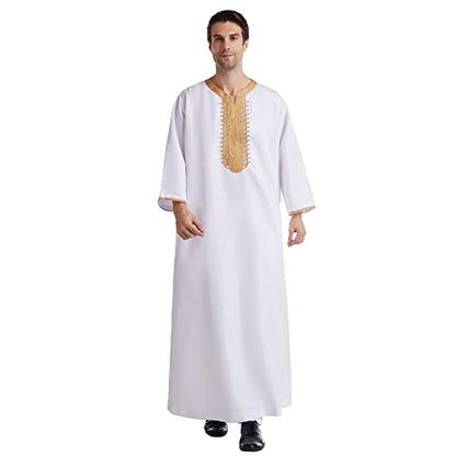 Mens Muslim Robes Long Kaftan Thobe Embroidered Henley Shirts Long Sleeve Nightgown Clergy Caftans - color: White, size: XX-Large