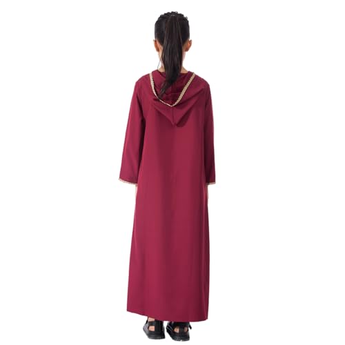 Kids Girls Abaya Muslim Long Sleeve Hooded Lace Embroidered Prayer Dress Arabic Kaftan Dubai Islamic Dresses - color: Wine Red Hoodies, size: 6-7 Years