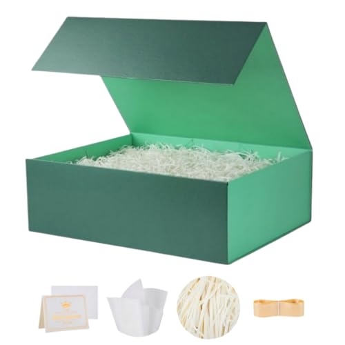 UoeRing 1 Pcs Green Gift Box Large 11.5x8x4 Inch with Magnetic Lid | Collapsible Luxury Present Box,for Birthday,Christmas Holiday Gift Includes Card,Ribbon,Tissue Paper & Shredded Filler - color: 13.5x11.8x4.7 Inch-Green-Pack of 1