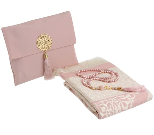 Prien Muslim Prayer Rug with Tasbih and Portable Bag, Muslim Gift for Women Men, Mubarak Islamic Box, Soft Mat Islam Gifts Set, Turkish Sajadah for Ramadan, Eid, Hajj, Travel, Pray (Powder Pink) - color: Powder Pink