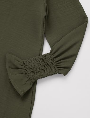 IDOPIP Muslim Dress for Girls Islamic Prayer Abaya Smocked Long Sleeve Kaftan Robe Dresses with Hijab Ramadan Dubai Outfits - color: Army Green, size: 9-10 Years