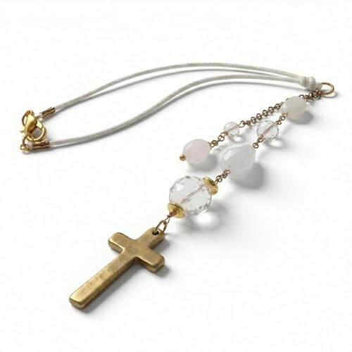 Clear Crystal Rearview Mirror Hanging Accessories - Cross Shaped Beaded Car Mirror Charm - Sun Catcher Interior Decor - White Stone Pendant Ornament for Vehicle - color: White