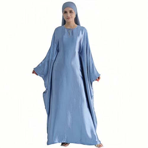 Abaya Muslim Women Dress Satin Batwing Sleeve Kaftan Maxi Arabian Dubai Islamic Ramadan Prayer Dress with Hijab Scarf - color: Blue