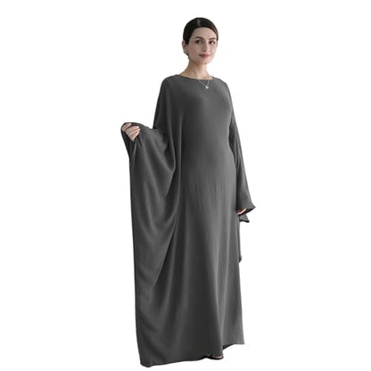 Abaya 무슬림 여성용 드레스 배트윙 슬리브 루즈핏 맥시 겸손한 이슬람 의류 히잡 스카프 포함 기도 드레스 - color: 다크 그레이.