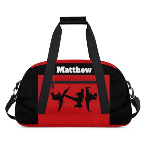 Custom Sports Gym Bag for Boys, Martial Art Silhouette Black Red | Personalized Named Practice Travel Overnight Training Bag - color: Color 1