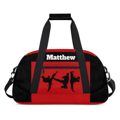 Custom Sports Gym Bag for Boys, Martial Art Silhouette Black Red | Personalized Named Practice Travel Overnight Training Bag - color: Color 1