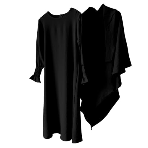 Muslim Clothes for Girls Toddler Kids Abaya Long Sleeve Dress Cotton Full Cover Hijab Islamic Kaftan Prayer Dresses - color: Black, size: 7-8 Years