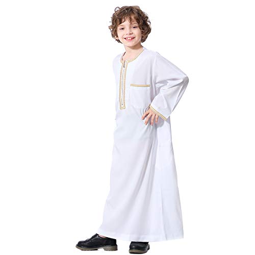 XINNI Arabic Thobe Muslim Thobe Long Sleeve Kaftan Crew Collar Robe with Zipper for Boy - color: White, size: 13-14 Years