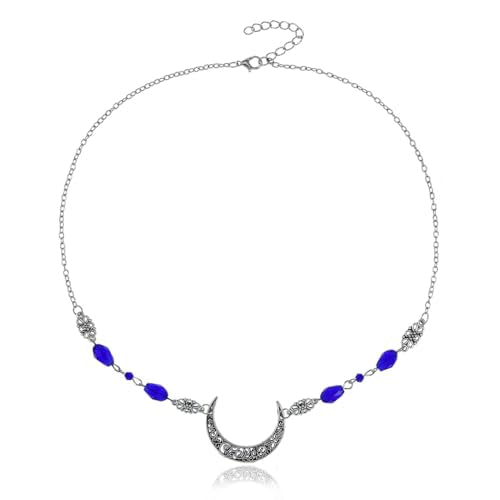 Yalice Boho Crescent Moon Head Chain Vintage Black Crystal Forehead Headpieces Rhinestone Witchy Halloween Hair Jewelry for Women - color: Silver-Blue