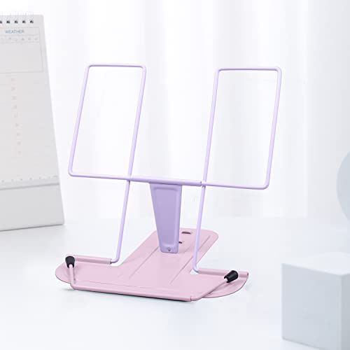 MSDADA Metal Book Stand for Desk, Adjustable Reading Rest Book Holder, Portable Cookbook Documents Holder, Sturdy Typing Stand for Recipes Textbooks Tablet Music Books(Purple+Macaron Pink) - color: Purple+macaron Pink