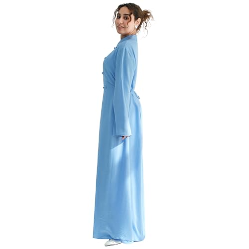 2PCS Women Muslim Abaya Dress Stand Collar Full Coverage Cardigan Dress Set - color: Sky Blue, size: Medium