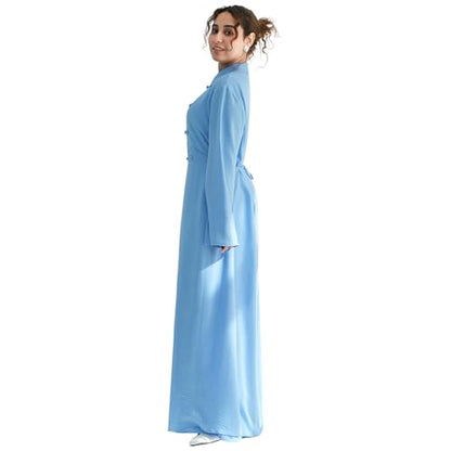 2PCS Women Muslim Abaya Dress Stand Collar Full Coverage Cardigan Dress Set - color: Sky Blue, size: Medium