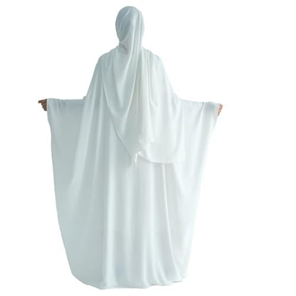 Abaya 무슬림 여성용 드레스 배트윙 슬리브 루즈핏 맥시 겸손한 이슬람 의류 히잡 스카프 포함 기도 드레스 - color: 화이트.