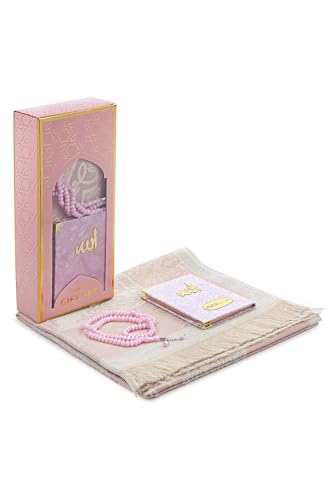 ihvan online Taffeta Fabric Muslim Prayer Rug, Velvet Covered Yaseen Surah Pocket Size Book, Prayer Beads Set with Kraft Boxed, Dowry Box for Men & Women, Islamic Ramadan Eid & Wedding Gifts, Pink - color: Pink